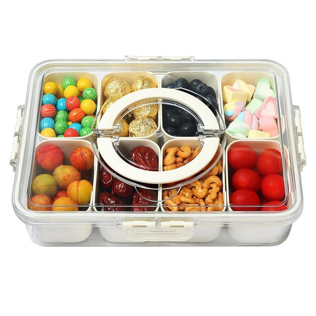 Divided Serving Tray with Lid and Handle, Snack Containers Travel Snackle Box Clear Organizer Food Storage Fresh-keeping Box for Candy Fruits Nuts Snacks, (1 Pack with 8 compartments)