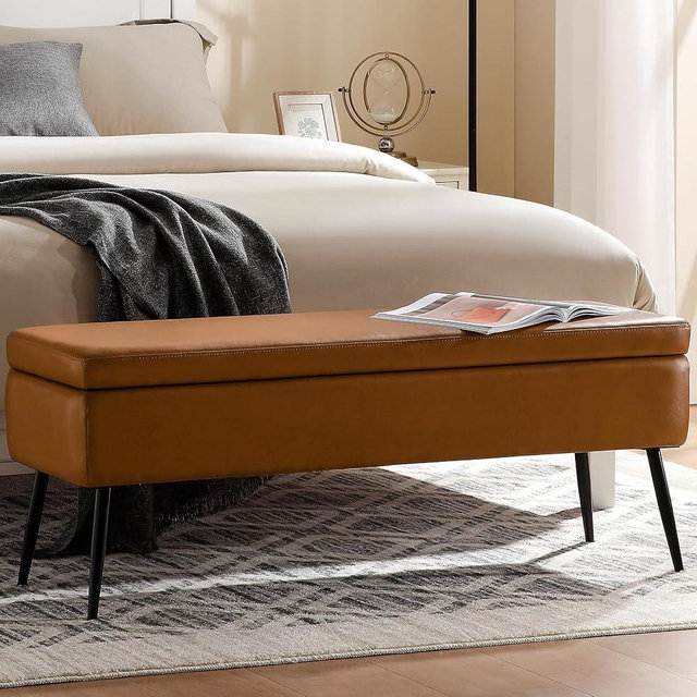 kinmars Leather Storage Ottoman Bench,End of Bed Bench for Living Room Bedroom Dinning Room Entryway,Mid-Century Modern,Faux Leather,with Steel Legs,Safety Hinges,Loads 660 lb (Without Button, Brown)