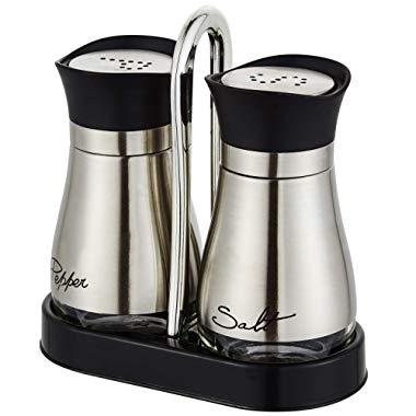 Salt and Pepper shakers Set with Tray, Stainless Steel with Glass Bottle (Set of 2)