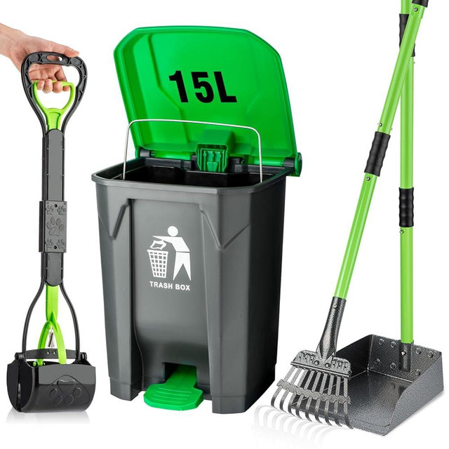 MXF Pooper Scooper Set, Dog Poop Trash Can for Outdoors with 20 Waste Bags, 15 Litre Step Dog Poop Trash Can w/Removable Inner Bucket, 28" Dog Pooper Scooper and Long Handle Stainless Metal Tray&Rake