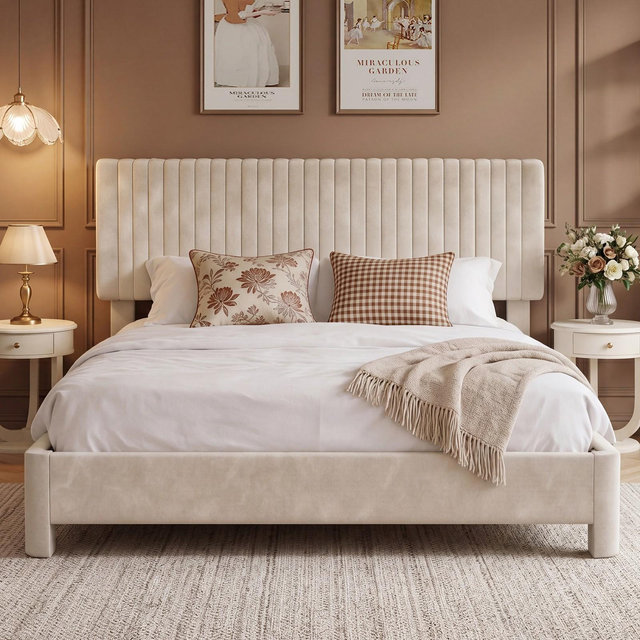 Dyonery Boucle Bed Frame Queen Size,Beige Velvet Platform Bed with Headboard,Soft Rounded Corners,Wooden Slats,Easy Assembly,No Box Spring Needed