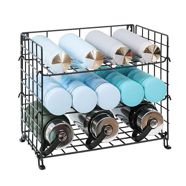 X-cosrack Adjustable Water Bottle Organizer,3-Tier Wall-Mounted Water Bottle Holder, Stackable Water Bottle Storage Rack for Kitchen Countertop,Pantry, Cabinet,Black,3-Tier Medium