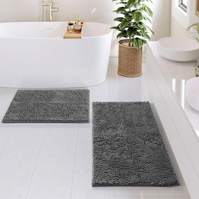 Hearth & Harbor Bathroom Rug Set, 2 Piece Chenille - Grey, Quick Dry, Non-Slip, Machine Washable - Bath Mat Size 17x24, 20x32 inches