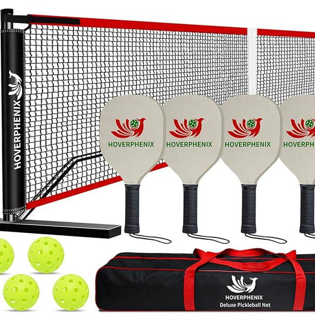 Hoverphenix Pickleball Set with Net for Driveway Portable Regulation Size Pickleball Net System with Paddle Set of 4, Outdoor Pickleballs, Carry Bag, Weather Resistant Metal Frame