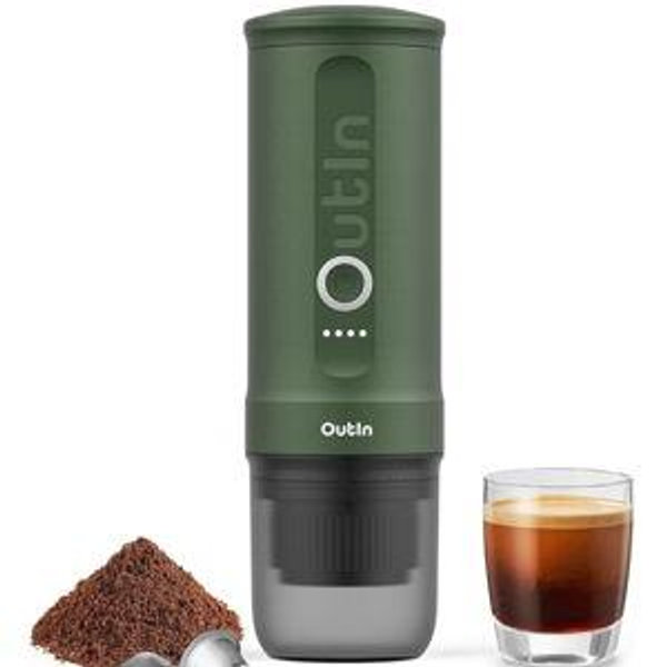 OutIn Nano Portable Electric Espresso Machine, Travel Coffee Maker for Camping, Car Coffee Maker Self-Heating with USB-C, With Ground Coffee & NS Capsule for RV, Hiking, Office