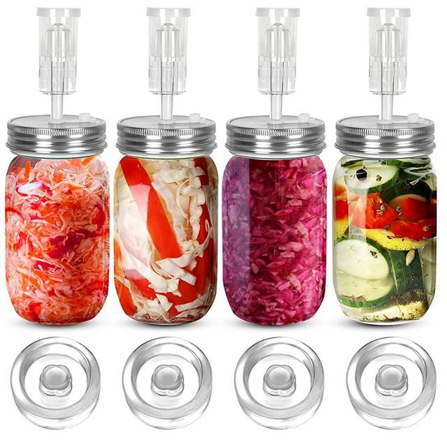Fermentation Kit-4 Glass Fermentation Weights,4 Fermenting Lids,4 airlocks,4 Silicone Rings,5 Silicone Grommet for Wide Mouth Mason Jar for Sauerkraut,Vegetables and Other Fermented Food