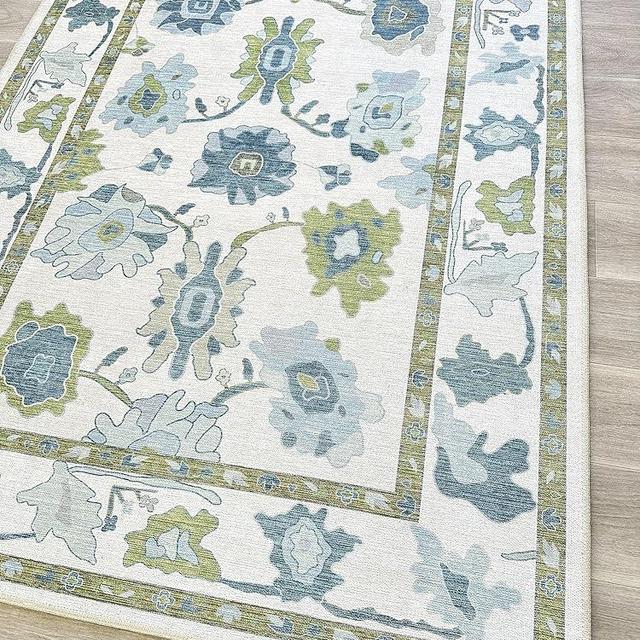 Green Oushak Rug, Vintage Turkish Eclectic Floral Pastel Large Oversized Area Rugs for Living Room Dining Bedroom Kitchen Bathroom 5'x6'9"