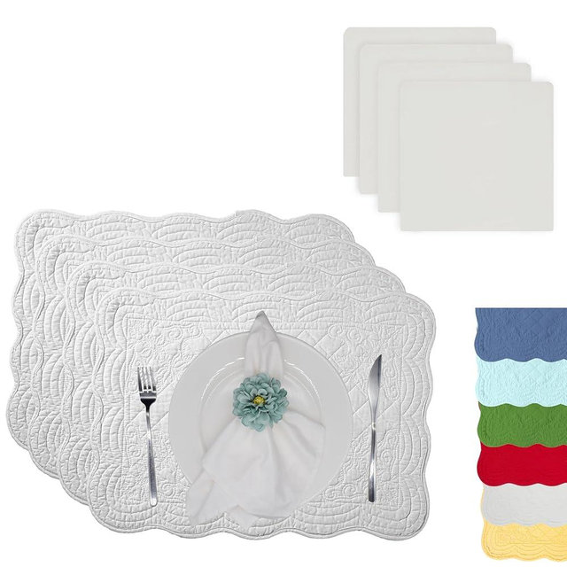 ART Pinecone Quilted Placemats Set of 4 with Matching Cotton Napkins – 4 Piece Table Mats & 4 Cloth Napkins – 100% Cotton Table Linen Set for Everyday & Holiday Dining (4, Off White)