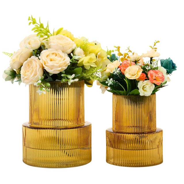 YANWE1 Ribbed Glass Vases for Bouquet, Set of 2 Amber Vases for Flowers, Amber Glass Vase for Tulips, Modern Vase for Living Room, Office, Coffe Table, Dining Table, Shelf, Wedding