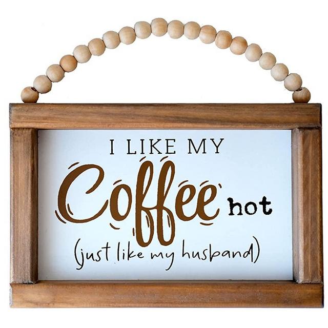 LIVDUCOT Farmhouse Funny Coffee Bar Decor Sign with Wood Beads-Rustic 9"x6" Wood Framed for Kitchen Table/Wall/Tiered Tray-I Like My Coffee Hot Just Like My Husband sign