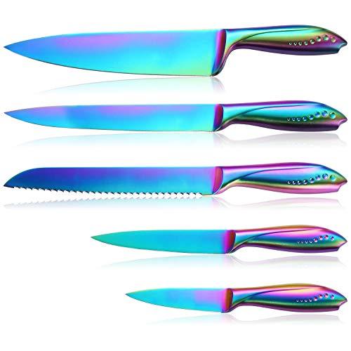 Kitchen Knife Set 5 Piece WELLSTAR, Razor Sharp German Stainless Steel Blade and Comfortable Handle with Rainbow Titanium Coated, Chef Carving Bread Utility Paring for Cutting and Peeling, Gift Box