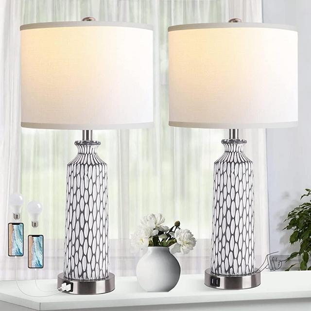 Table Lamp for Living Room with Touch Control,3-Way Dimmable Bedside Lamps for Bedroom Set of 2 with USB Ports, 26" Modern Farmhouse Coastal Whitewash Gray Resin Nightstand Lamp(with 2700K LED Bulbs)