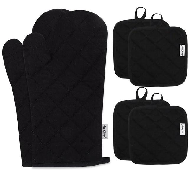 Win Change Oven Mitts and Pot Holders Sets,6 Pcs Oven Mitts and Potholders with Recycled Cotton High Heat Resistant Extra Thick Long Oven Mitts for Cooking(Black)