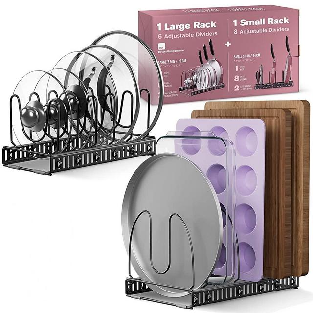 14+ Pots and Pans Organizer Rack for Cabinet - BTH Pot Lid Organizer Holder with 14 Adjustable Compartments - Anti-Scratch Padding - Ideal for Cookware, Bakeware, and Frying Pan Racks -Dark Grey