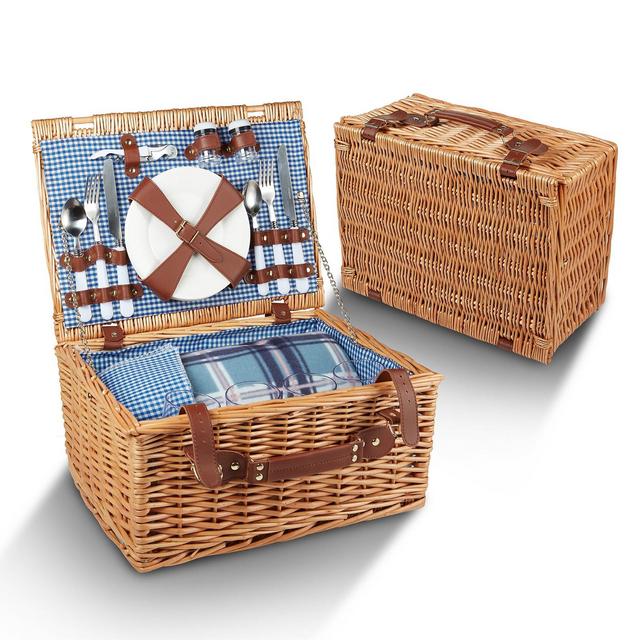 Picnic Basket For 4 - 29 Piece Kit Includes Wicker Basket with Stainless Steel Flatware, Ceramic Plates, Glasses, Linen Napkins and Blanket and More - by Vysta