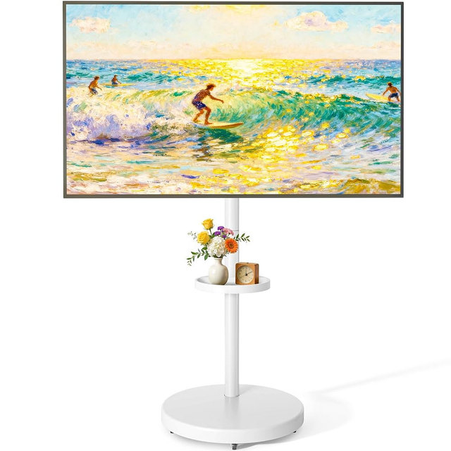 ECOTINY Height Adjustable Rolling TV Stand for 32-65 Inch TV up to 88 Pounds, Portrait to Landscape, Mobile TV Stand with Adjustable Storage Box and Shelf Max VESA 400x400mm, White