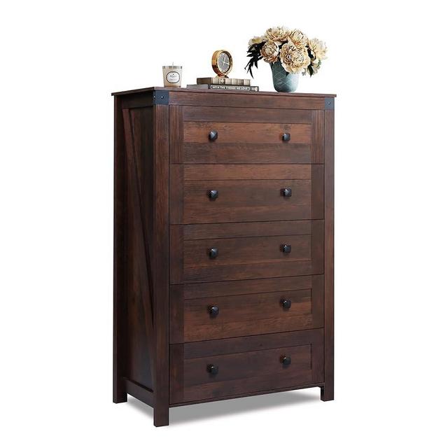 WLIVE Farmhouse Brown Dresser for Bedroom, 5 Drawer Dresser Storage Organizer, Tall Wood Dressers with Double Rustic Handle, Chest of Drawers for Living Room, Hallway, Closet