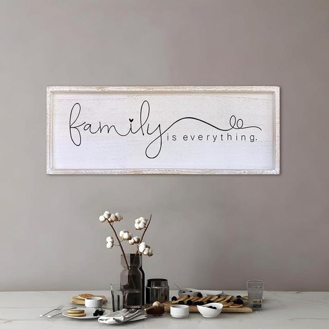 Family is Everything Wall Decor 40"x15" Living Room Large Warm Wood Framed Farmhouse Vintage Sign Home Beautiful And Simple Ready To Hang Hallway Entryway Wall Art Decoration (White)