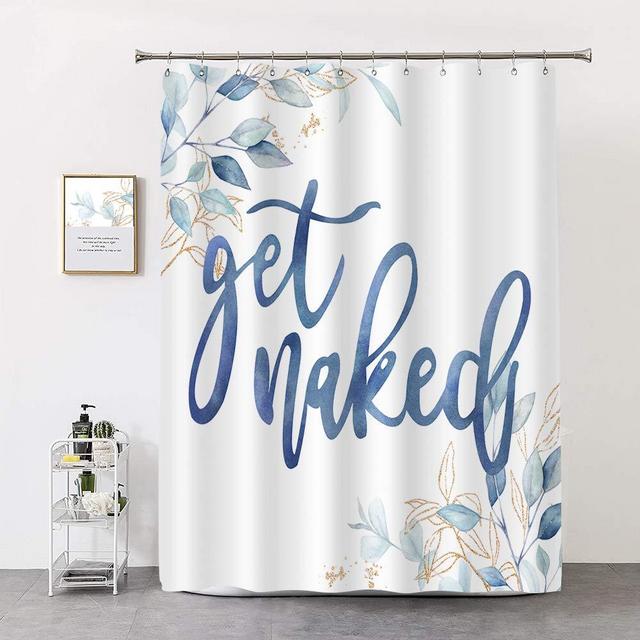 COLORPAPA Plant Decor Shower Curtain Watercolor Leaves on White with Funny Cute Blue Get Naked Simple Polyester Fabric Bath Curain with Hooks (72''X72'')