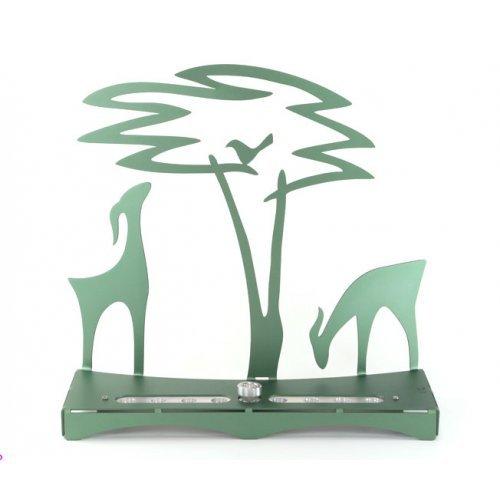 Shraga Landesman Hanukkah Menorah with Acacia Tree, Deer and Bird - Green