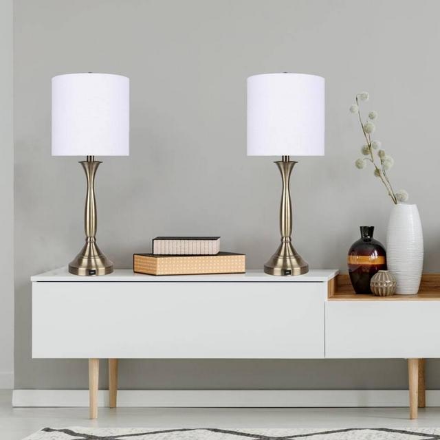 Antique Soft Brass with USB Port in Base and Off-White Linen Shades Table Lamps