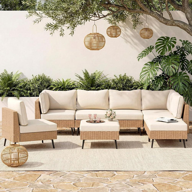 EO Living 8-Piece Patio Furniture Set, Outdoor Sectional Sofa PE Rattan Outdoor Patio Furniture with Thick Cushions, All Weather Patio Conversation Sets for Garden, Poolside, Backyard(Beige)