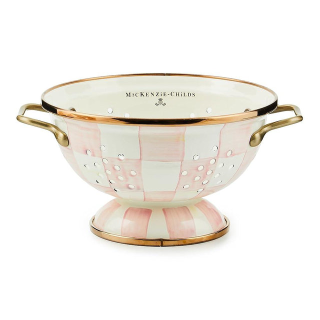 MACKENZIE-CHILDS Rosy Check Enamel Colander, Small Decorative Kitchen Strainer, Cute Enamel Cookware