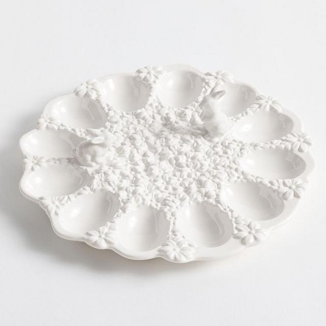 Floral Bunny Stoneware Deviled Egg Platter - White