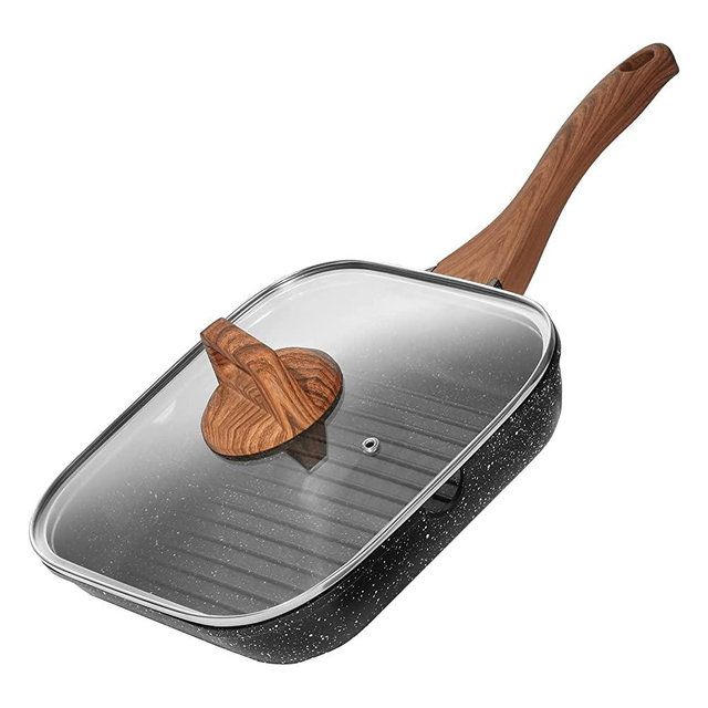 ESLITE LIFE Grill Pan for Stove Tops with Lid Nonstick Square Griddle Pan Induction Steak Bacon Pan with Granite Coating, 9.5 Inch