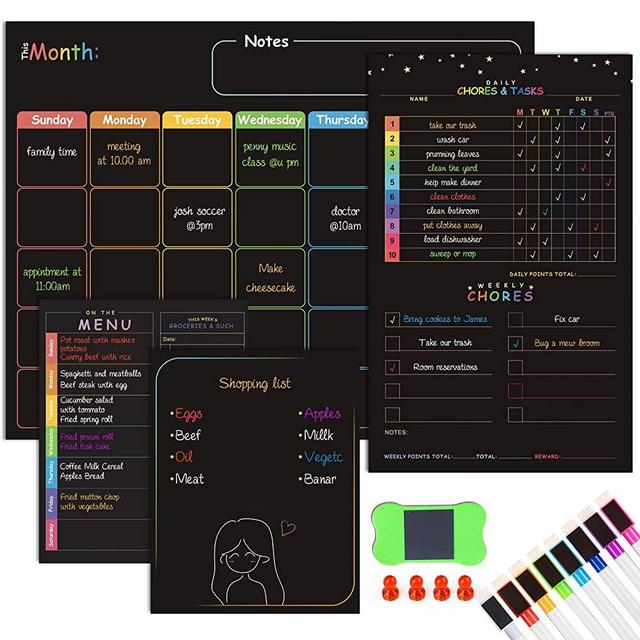 Magnetic Dry Erase Calendar, Set of 4 Magnetic Calendar for Fridge - Monthly Calendar, Chore Chart Planner, Blank & Menu List Blackboard, Magnetic Fridge Calendar with 8 Markers, 4 Magnets & Eraser