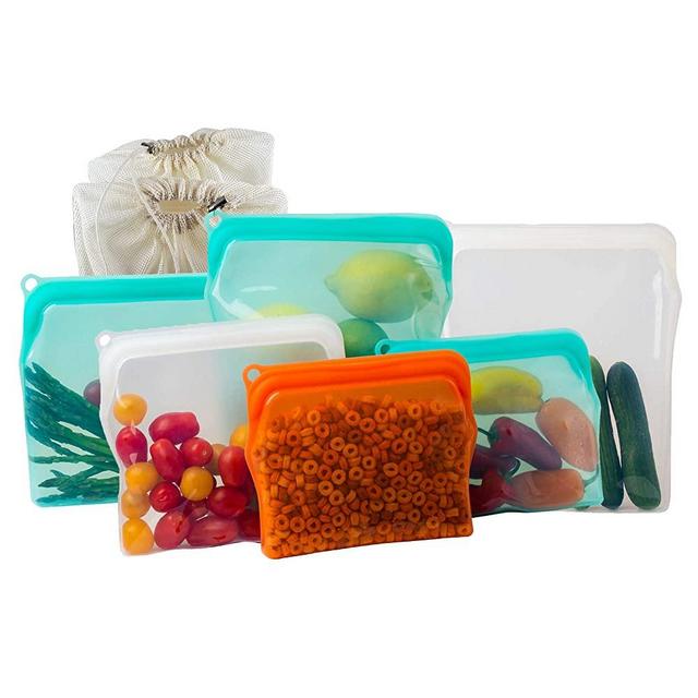 BluePerlOne Plastic Free Silicone Zip Lock Reusable Container Bags/Reusable Cooking Bags 6 Silicone Bags Two of (½ Gal, Large, and Medium) + 2 Complementary Cotton Mesh bags - Bundle 6 Bags