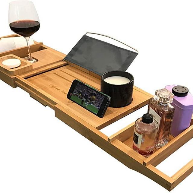 Luxury Bath Caddy Tray for Tub | Bath Table | Premium Bamboo Bathtub Tray for Tub | Fits All Bath Accessories Wine Glass, Books, Tablets, Cellphones, Shampoo, Soap | Bath Shelf Foldable Design