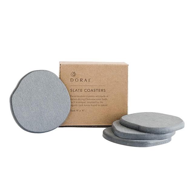 Dorai Home Stone Coaster Set – Eliminates Watermarks and Dries Instantly – Functional Design Created for The Modern Home – Set Includes Four Modern Coasters – Slate Stone