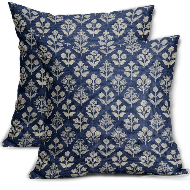 Sivirary Dark Blue Floral Block Print Pillow Covers 18x18 Inch Set of 2, Vintage Flower Pattern Decorative Throw Pillowcases Outdoor Farmhouse Cushion Covers Spring Summer Rustic Sofa Couch Bed Decor