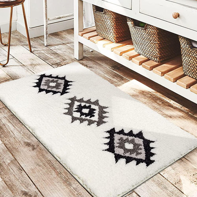 DEXDE Boho Bathroom Rugs Black White Bath Mat Non Slip Western Geometric Bath Rug Luxury Soft Absorbent Carpet for Bathroom Shower Kitchen Entryway Farmhouse Modern Decor 20x32