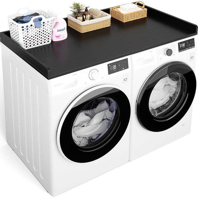 Aheaplus Washer and Dryer Countertop, Laundry Room Organization with Non-Slip Pads, Wood Shelf Topper with Round Corner Edge Rails, Folding Organizer for Laundry, 54" W x 27.5" D, Black