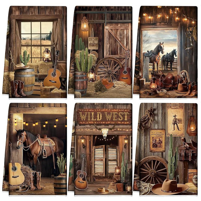 6 Pcs Western Cowboy Scene Kitchen Towel Wooden House Barn Vintage Themed Dish Towel Bathroom Decorative Rustic Cloths for Kitchen Bathroom Home Housewarming Gift 14 x 21 Inch