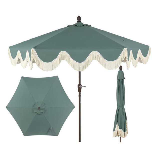 JONATHAN Y UMB1001 Collins 9 ft. Classic Cottage Tassel Market Patio Umbrella with Auto-Tilt, Crank, Wind Vent and UV Protection