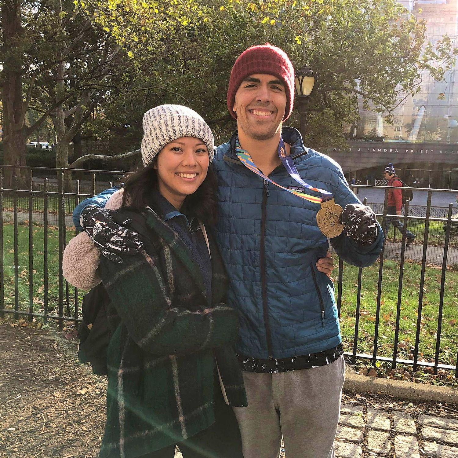 erin cheers pablo on as he runs the new york marathon - nov 2019