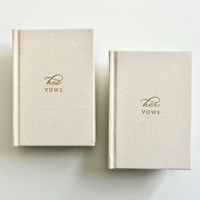 His and Her Wedding Vow Books – Set of 2 | Natural Linen Hardcover with Gold Foil