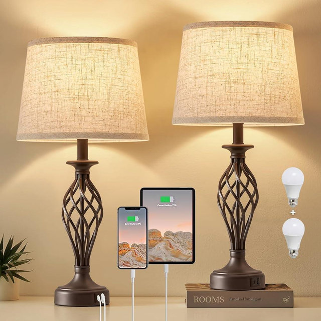 Table Lamp for Bedroom Set of 2 with USB C+A Ports - Modern Brown Bedside Lamps with Spiral Cage Base Fabric Shade - Nightstand Lamp for Living Room Reading Bed Side End Table 2 LED Bulbs Included