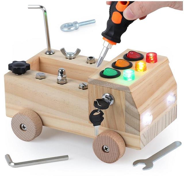 FASTSPOK Montessori Screwdriver Board Set - Wooden Montessori Toys for 3+ Year Old Kids and Toddlers, Learning Sensory Bin Toys Preschool Materials, Fine Motor Skills Toys with 5 LED Lights