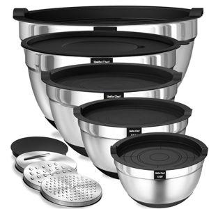Umite Chef Mixing Bowls with Airtight Lids, 8PCS Stainless Steel Nesting Mixing Bowls Set, 3 Grater Attachments & Non-Slip Bottoms, Black Kitchen Bowls, Size 5, 4, 3.5, 2, 1.5QT for Baking & Serving