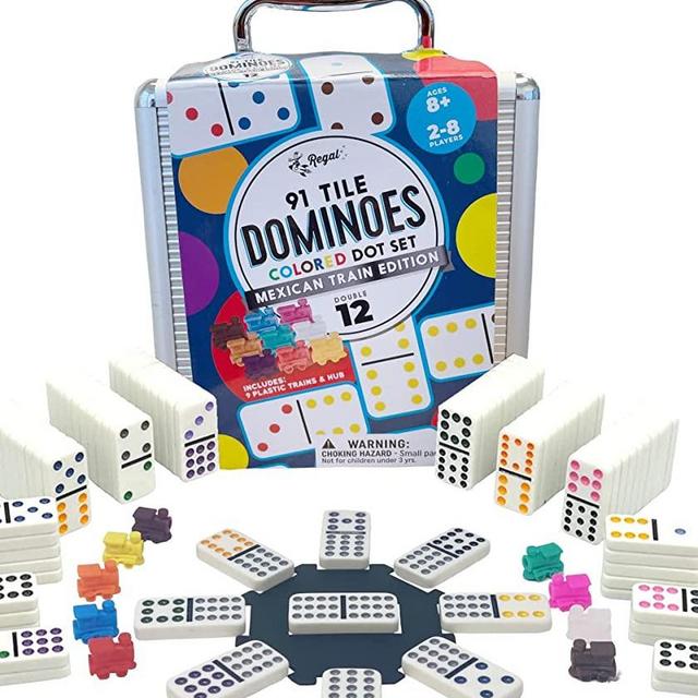 Regal Games - Double 12 Mexican Train Dominoes - Colored Dots Set - Fun Family-Friendly Dominoes Game - Includes 91 Tiles, Collector's Tin & Plastic Hub with 9 Plastic Trains - Ideal for 2-4 Players