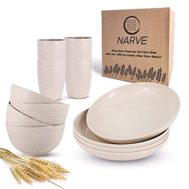 Wheat Straw Dinnerware Sets (12pcs) Beige-Unbreakable Microwave Safe-Lightweight Bowls, Cups, Plates Set-Reusable, Eco Friendly,Dishwasher Safe,Wheat Straw Plates,Wheat Straw Bowls, Cereal Bowls
