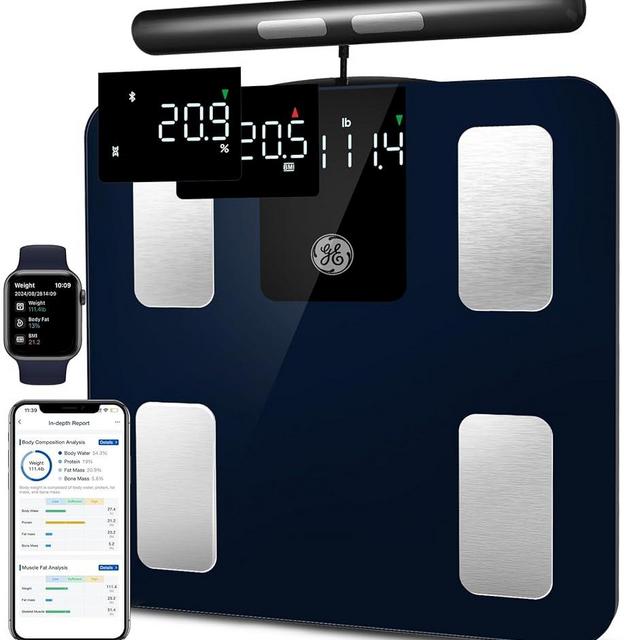 GE Smart Scale for Body Weight: 8-Electrode Digital Bathroom Scale for Weight Fat BMI Muscle Mass Full Body Composition Analyzer 27 Measurements Bluetooth Highly Accurate Weighing Machine, 400 lbs