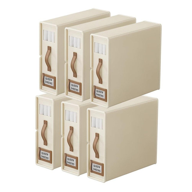 IUY STORE 6 Pack bed sheet organizers and storage (Queen & King Size) Foldable, Zipper Sheet Storage Organizer for Linen Closet, Clothing, Duvet Covers, Pillow Cases with Window and Label, Beige