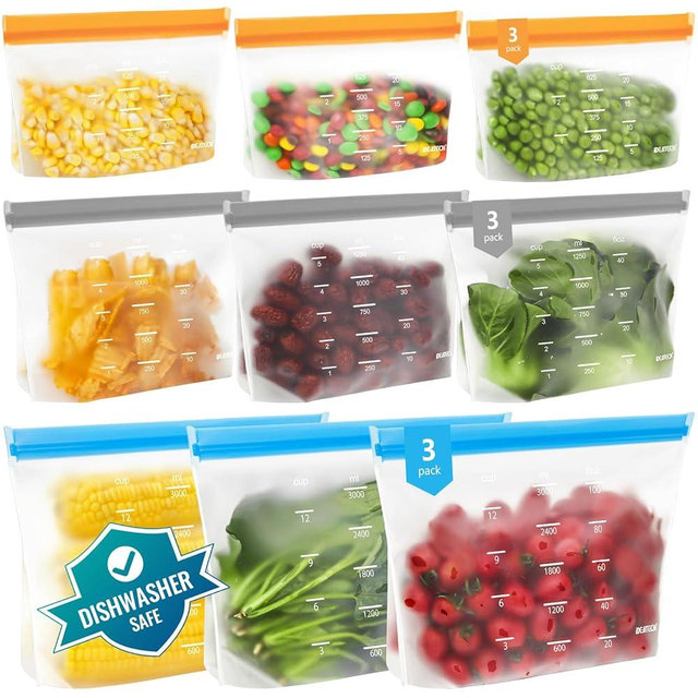 Dishwasher Safe Reusable Storage Bags Stand Up - BPA Free PEVE Reusable Sandwich Bags - Leakproof Gallon Freezer Bags, Silicone Food Storage Bags (Multicolor (3 Gallon + 3 Sandwich + 3 Snack))