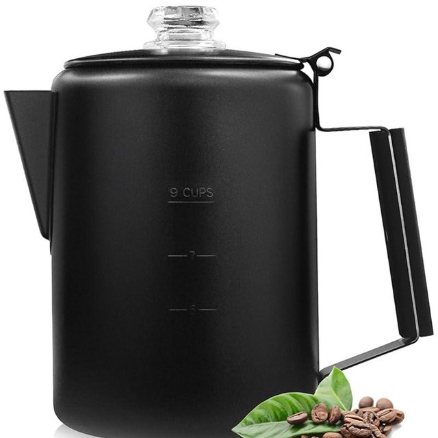 MEREZA Coffee Percolator Stovetop Camping Coffee Pot Stainless Steel 9 CUP Camping Coffee Maker Outdoor Home NO Aluminum or Plastic Black