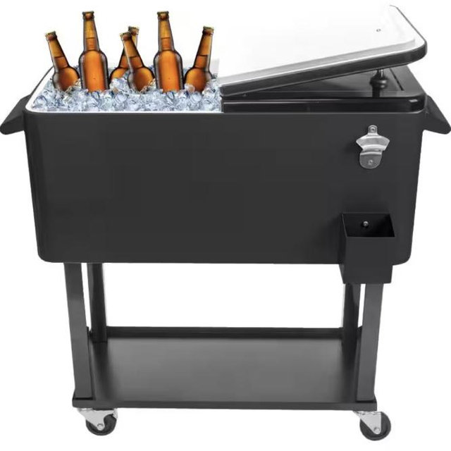 Karl home Black 80 Qt. Iron Beverage Wheeled Cooler with Shelf 231317479856